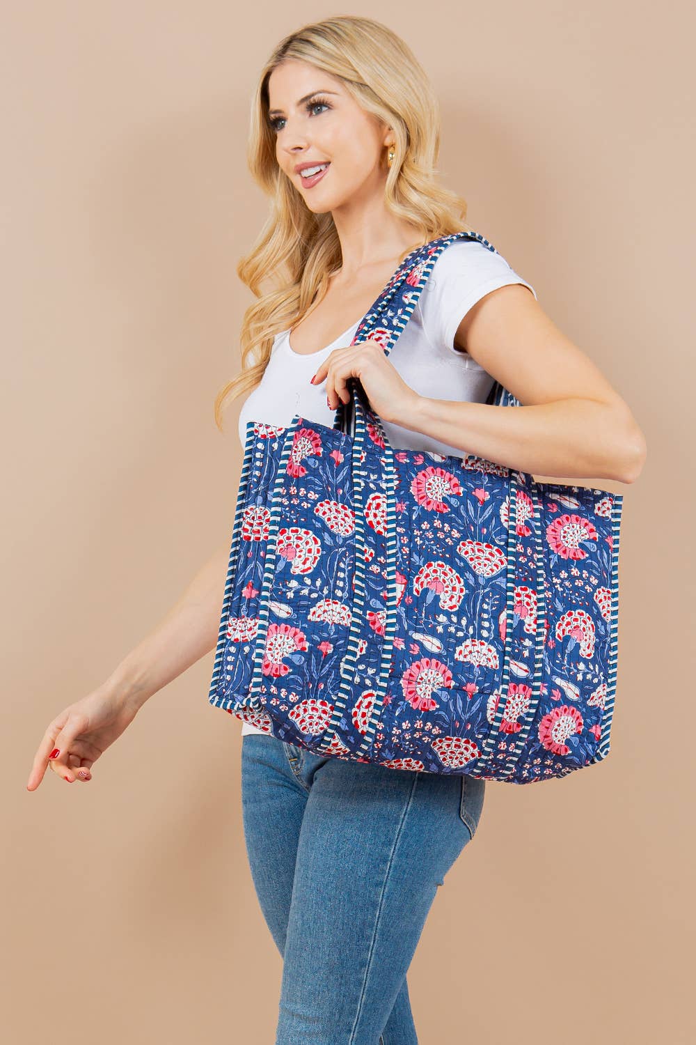 Blue Floral Quilted Reversible Tote Bag