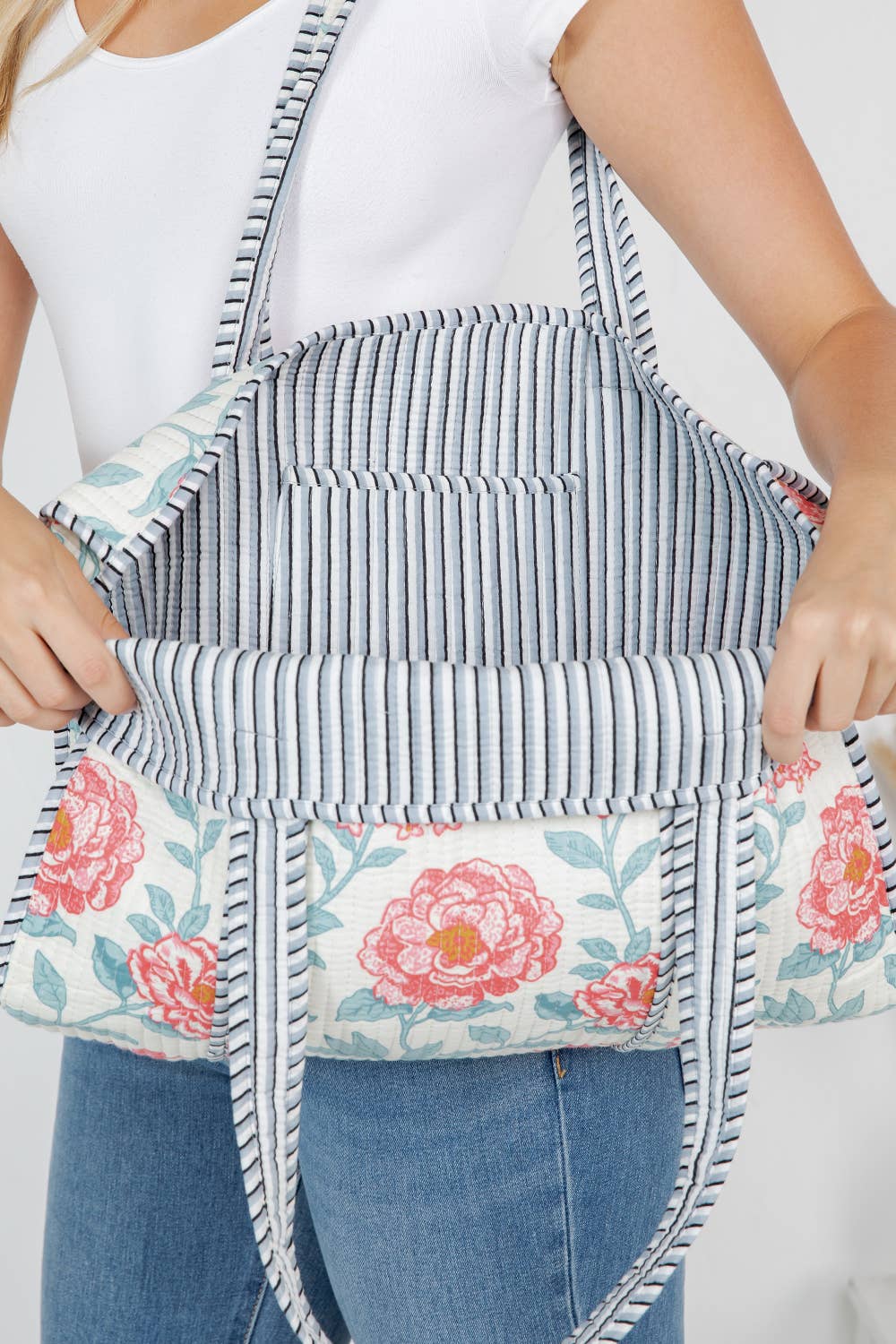 White & Red Floral/Blue Stripe Reversible Quilted Tote Bag