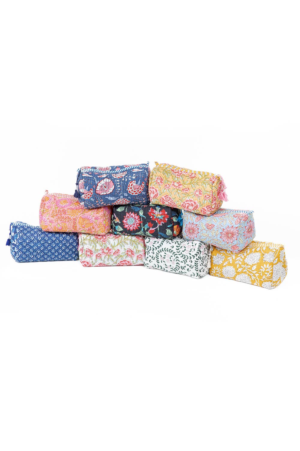 White Floral Print Quilted Cotton Toiletry Bag Set