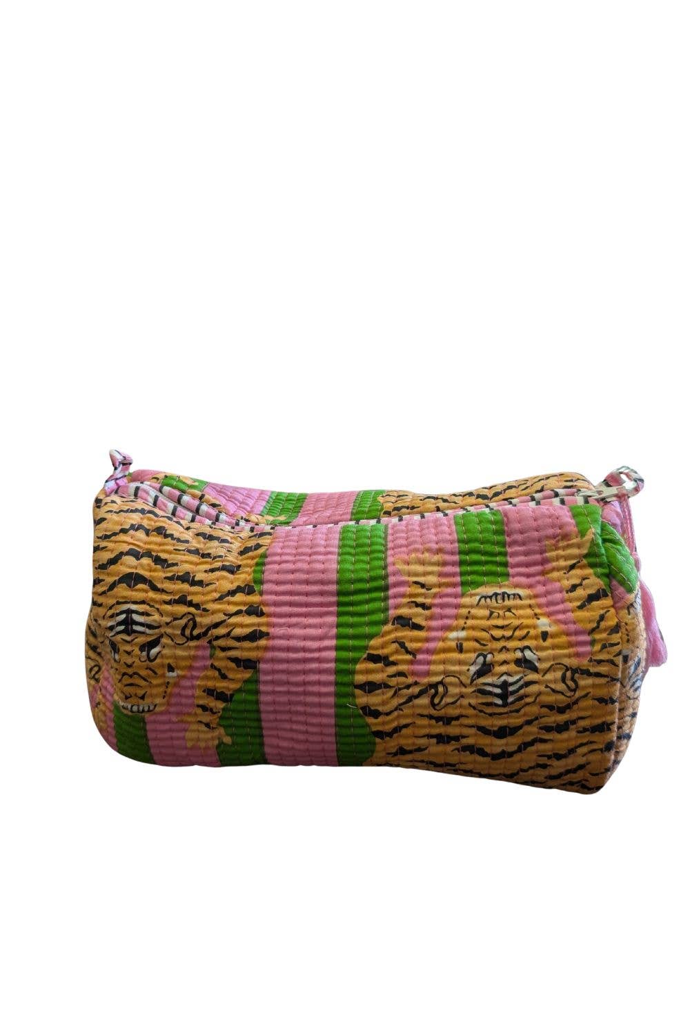 Pink Stripe with Tiger Print Quilted Makeup/Toiletry Bag