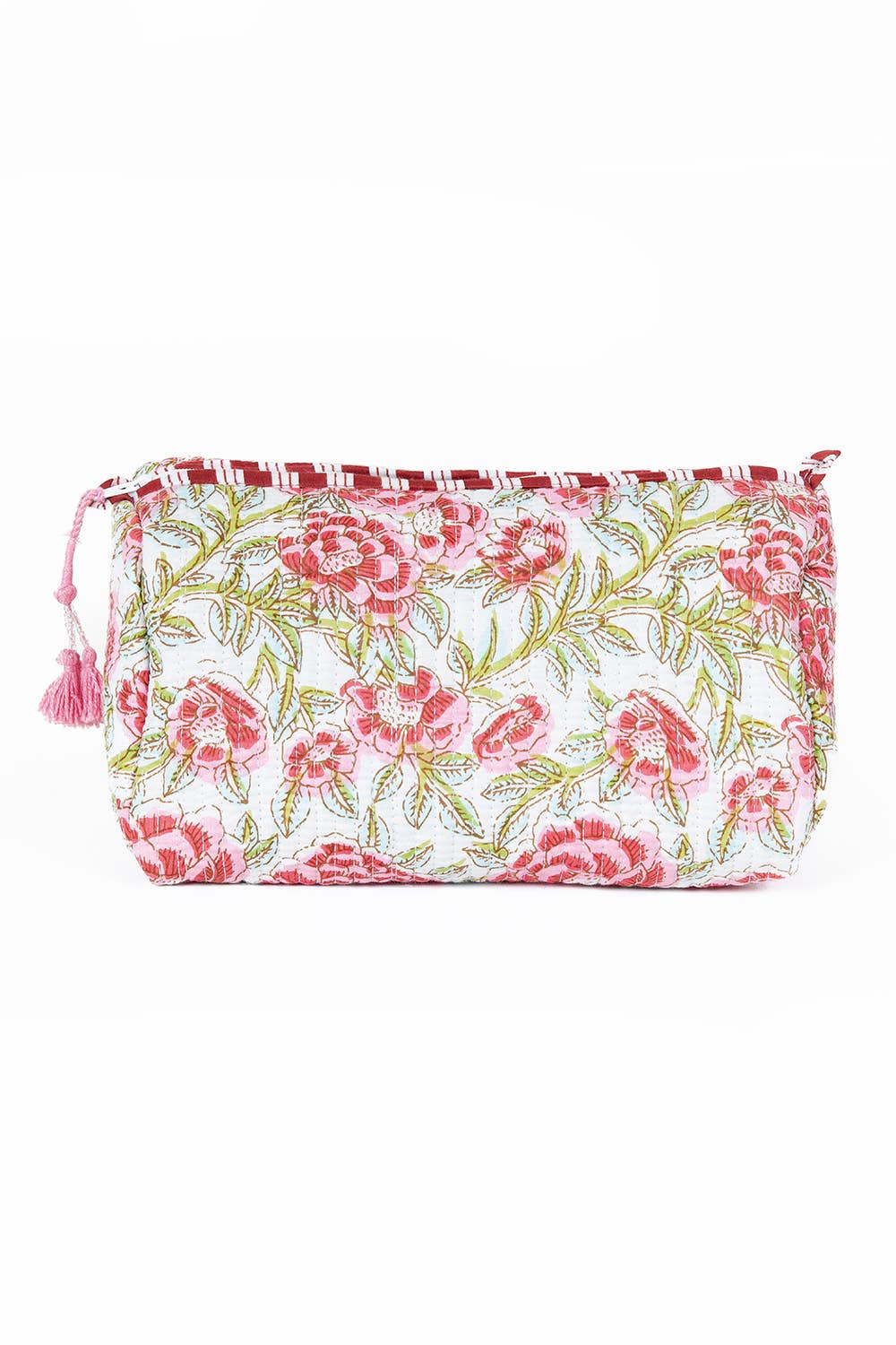 White with Red Floral Quilted Cotton Toiletry Bag Set