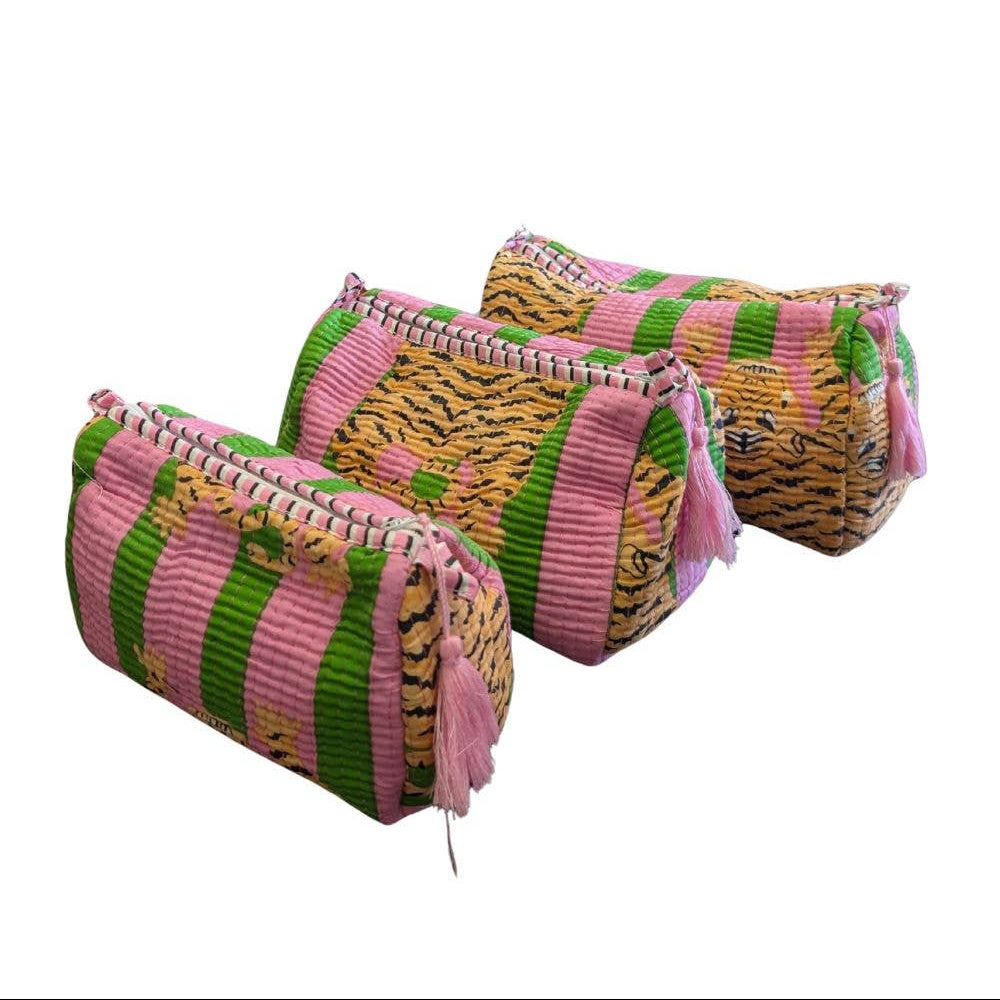 Pink Stripe with Tiger Print Quilted Makeup/Toiletry Bag