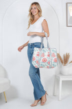 White & Red Floral/Blue Stripe Reversible Quilted Tote Bag