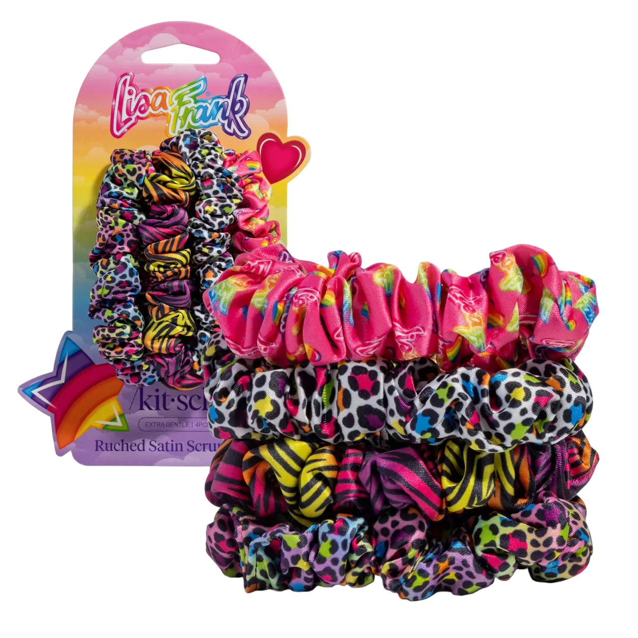 Lisa Frank x Kitsch Ruched Satin Scrunchies in Rain 1bow Leopard