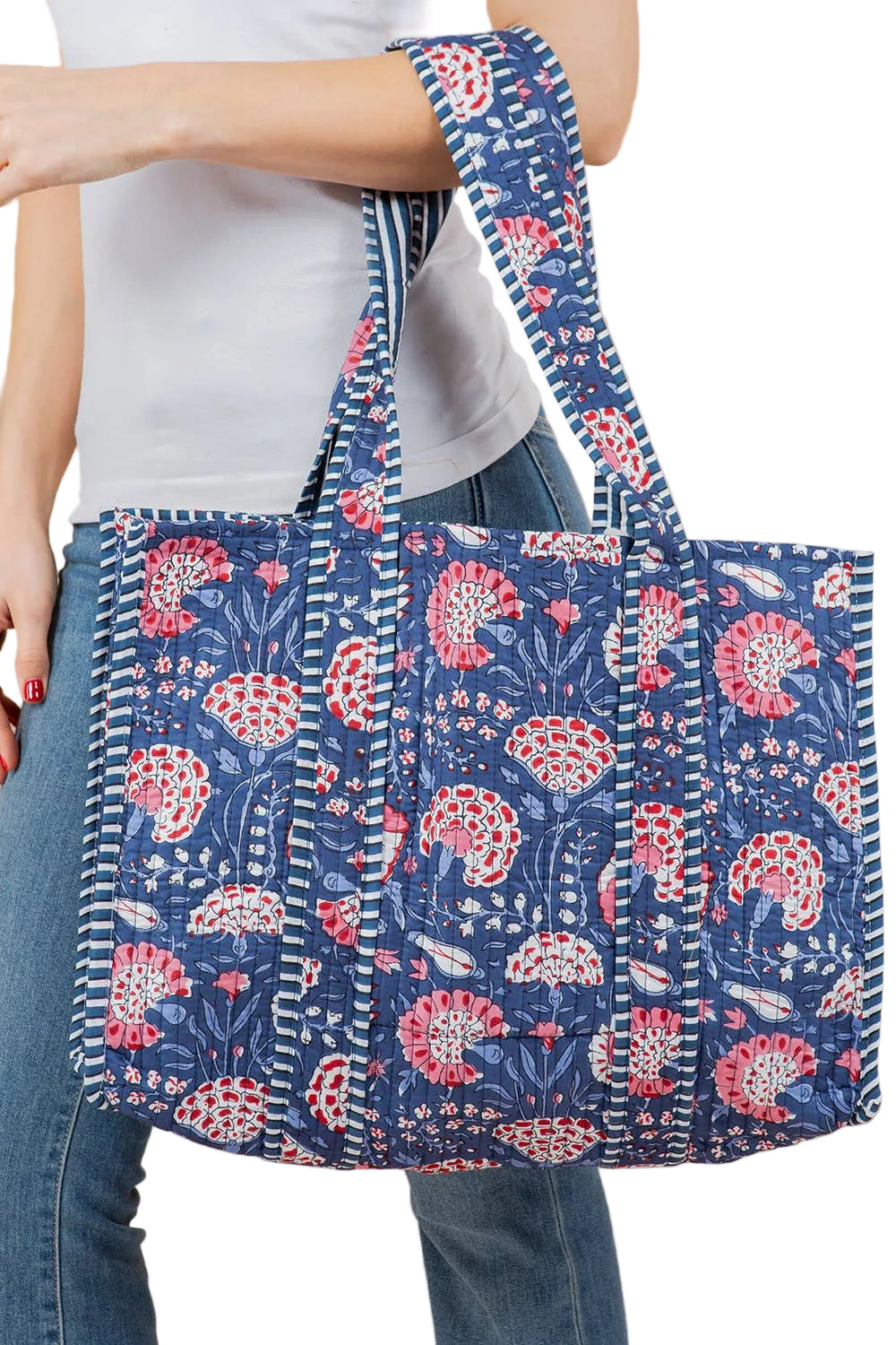 Blue Floral Quilted Reversible Tote Bag