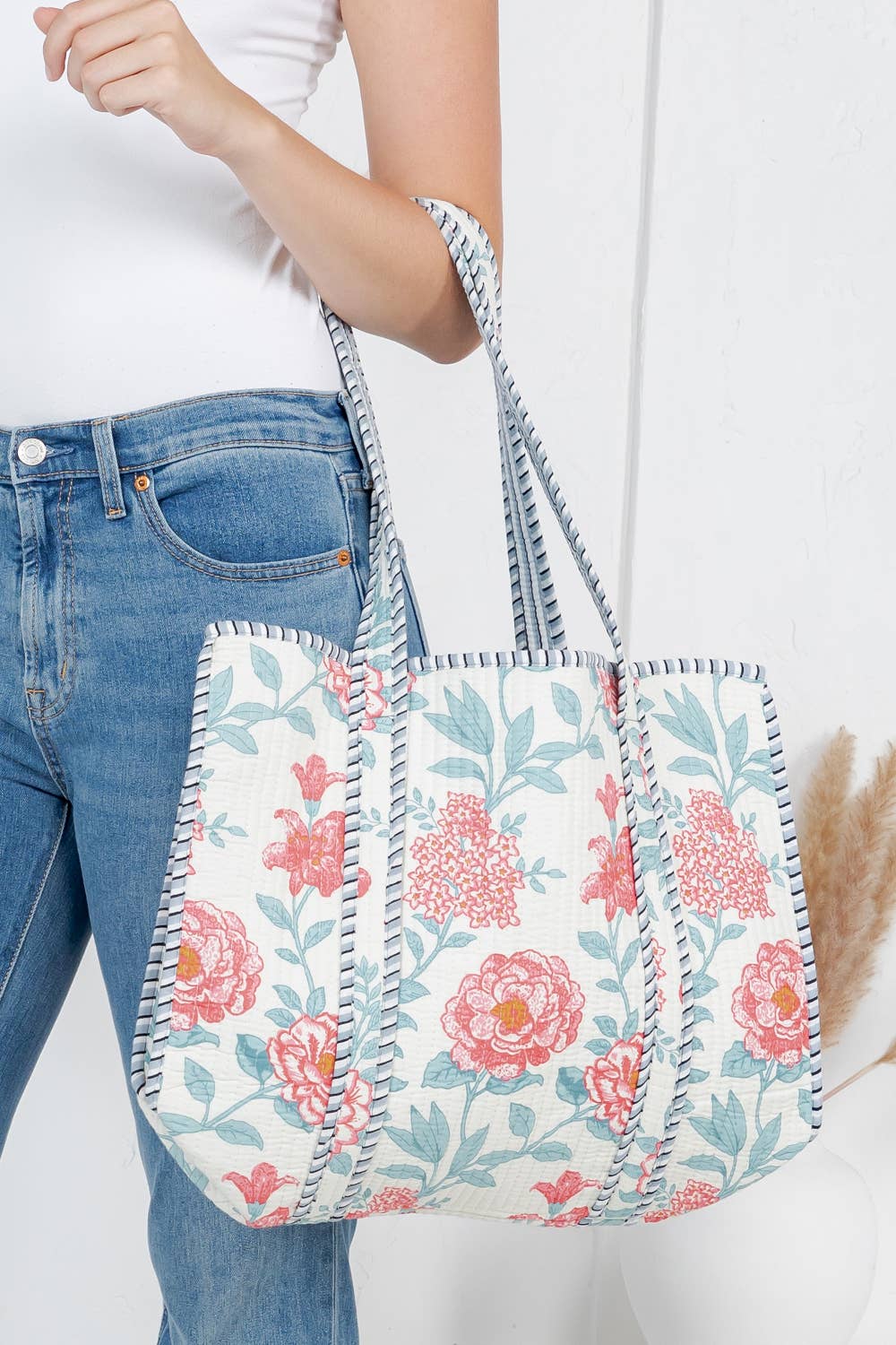 White & Red Floral/Blue Stripe Reversible Quilted Tote Bag