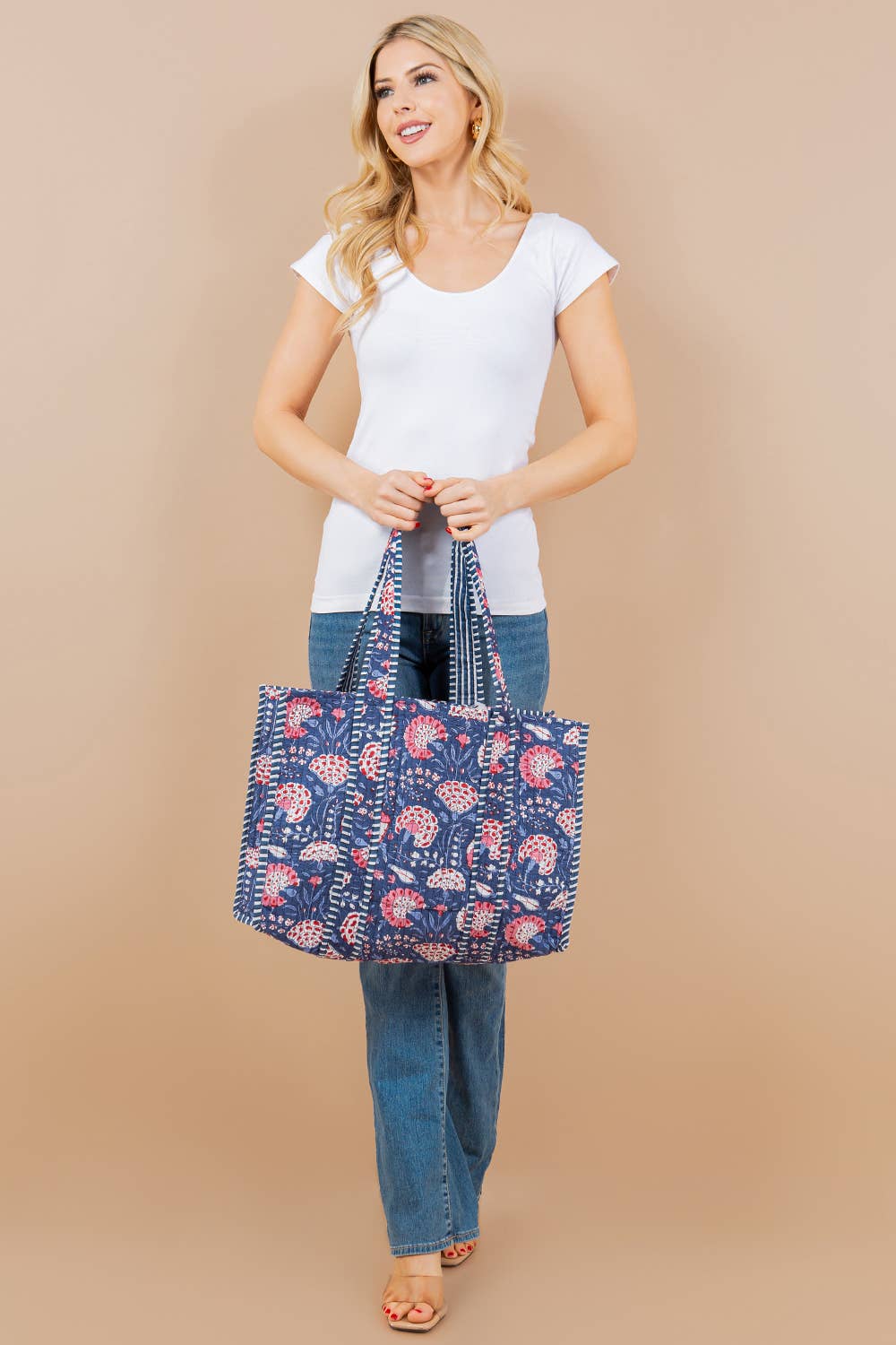 Blue Floral Quilted Reversible Tote Bag