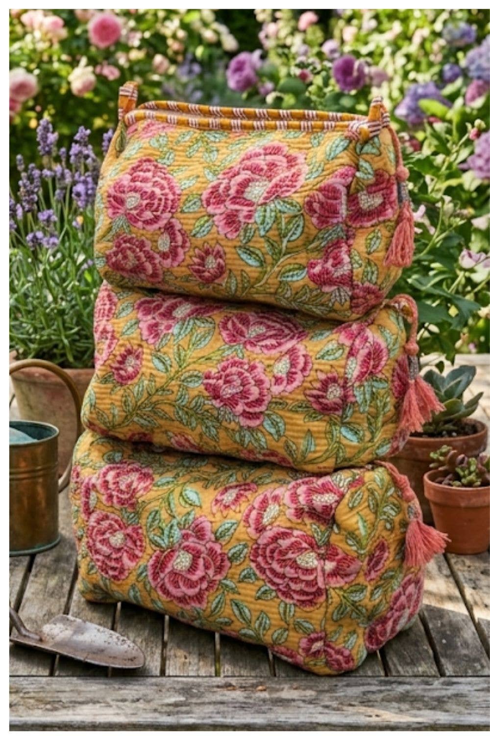 Yellow/Pink/Green Floral print Quilted Cotton Toiletry Bag Set