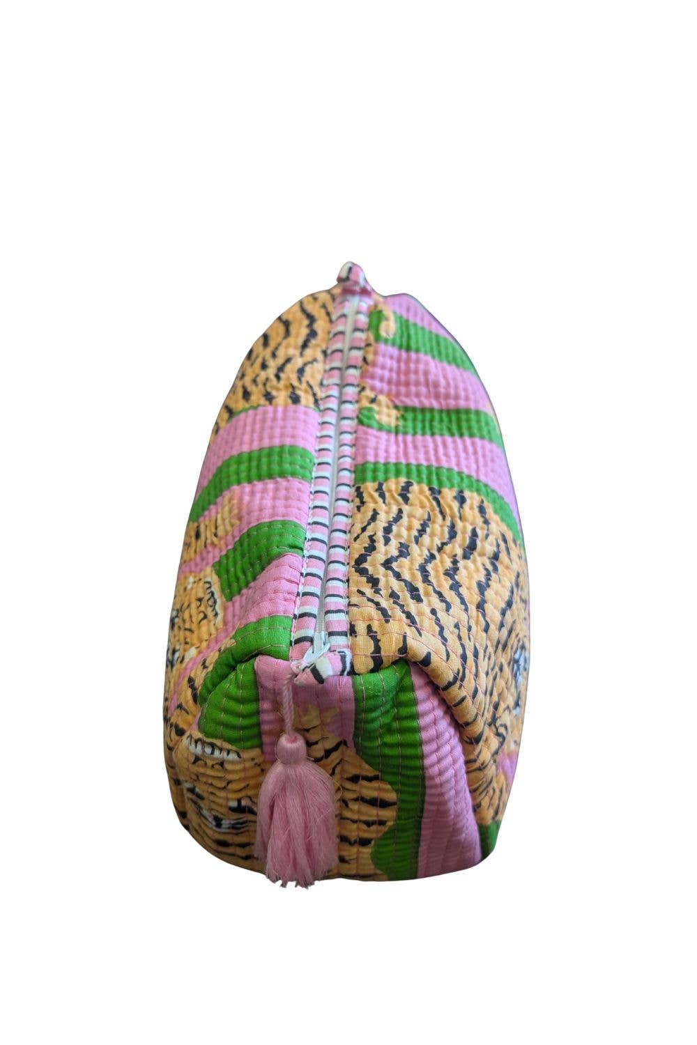 Pink Stripe with Tiger Print Quilted Makeup/Toiletry Bag