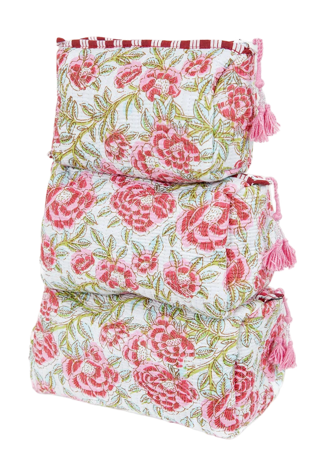 White with Red Floral Quilted Cotton Toiletry Bag Set