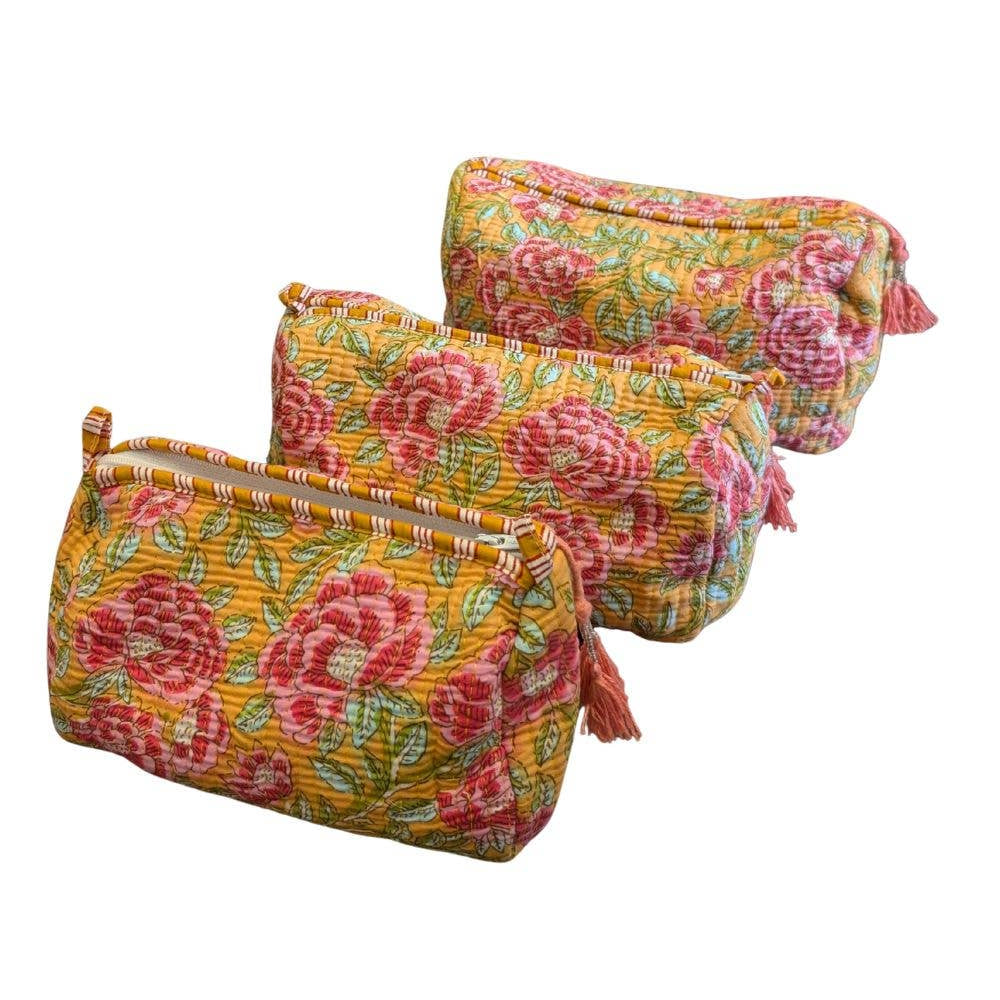 Yellow/Pink/Green Floral print Quilted Cotton Toiletry Bag Set