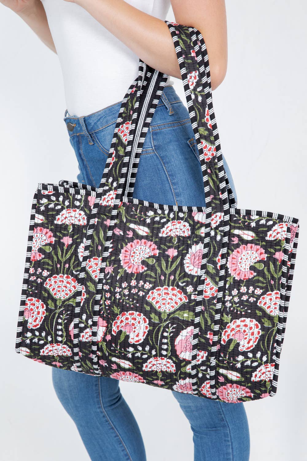 Black and Pink Floral Quilted Tote Bag