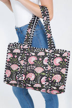 Black and Pink Floral Quilted Tote Bag