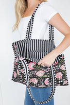Black and Pink Floral Quilted Tote Bag