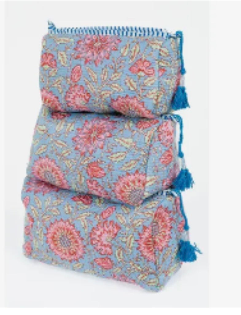 Quilted 3 Pack Toiletry Bag Set-Blue Floral