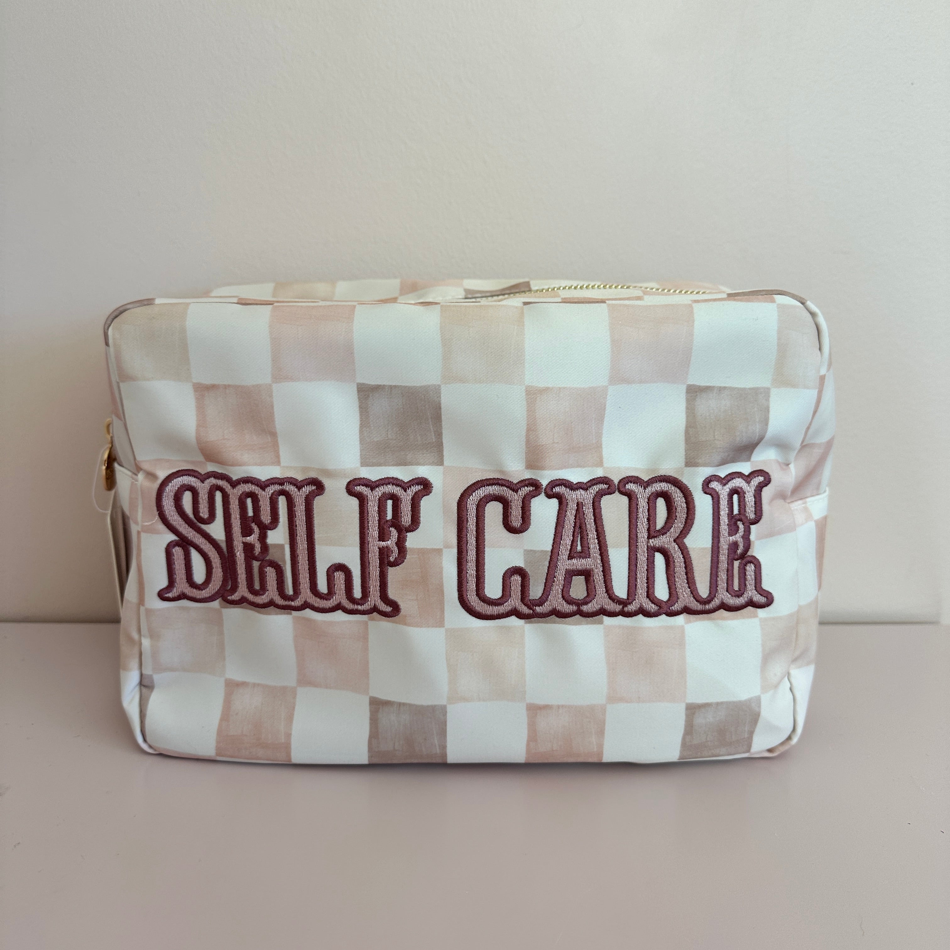 Mauve Checked "Self Care" Large Cosmetic Bag