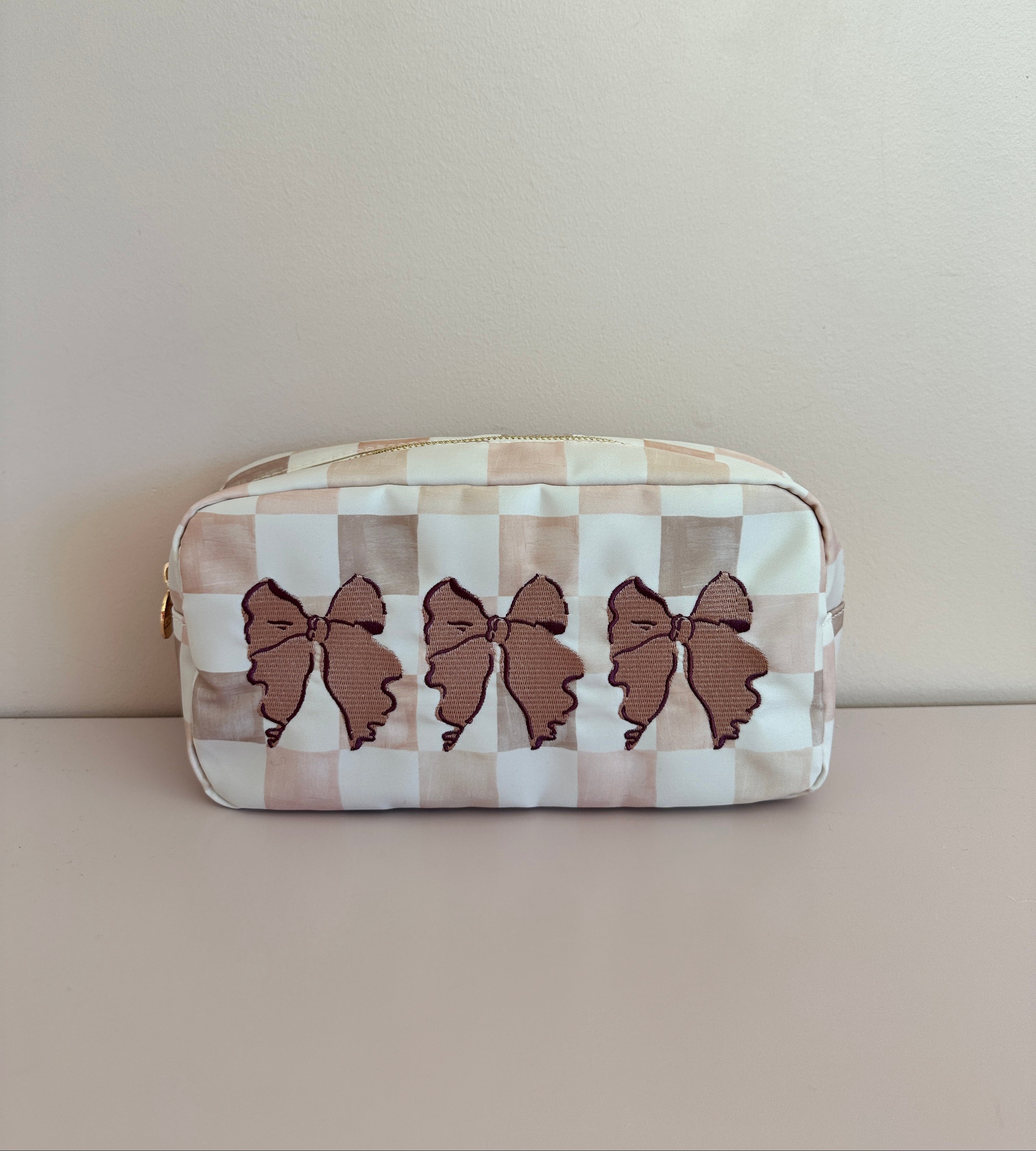 Mauve Bow Checked Medium Cosmetic Bag