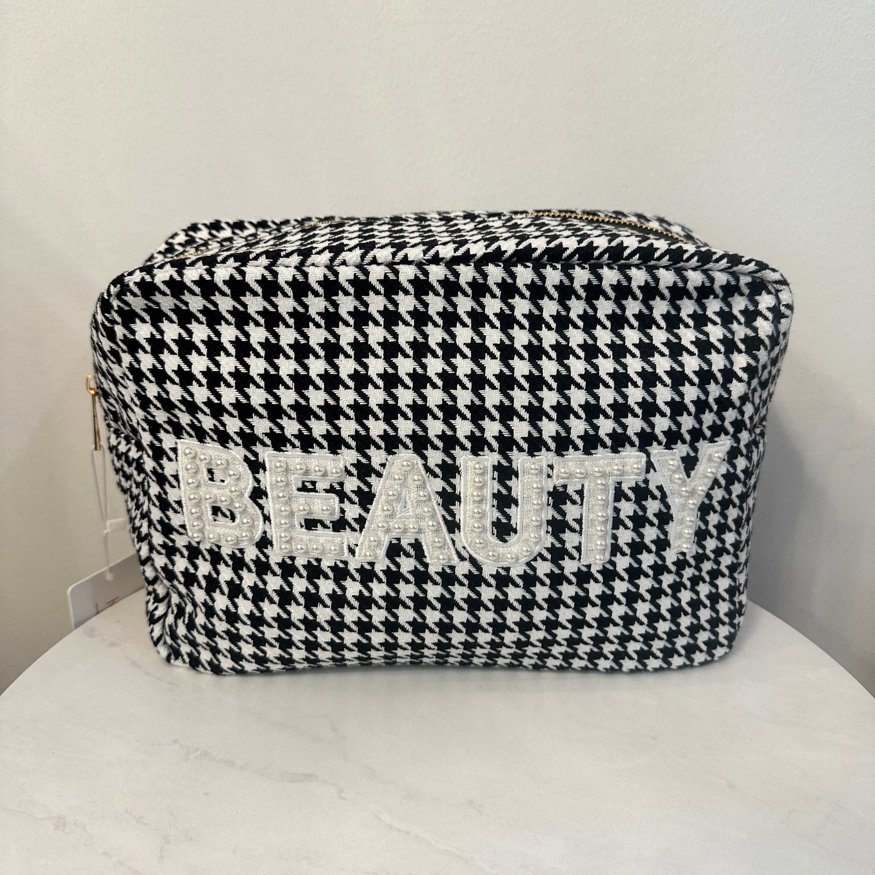 Black Houndstooth "Beauty" Large Cosmetic Bag