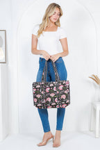 Black and Pink Floral Quilted Tote Bag