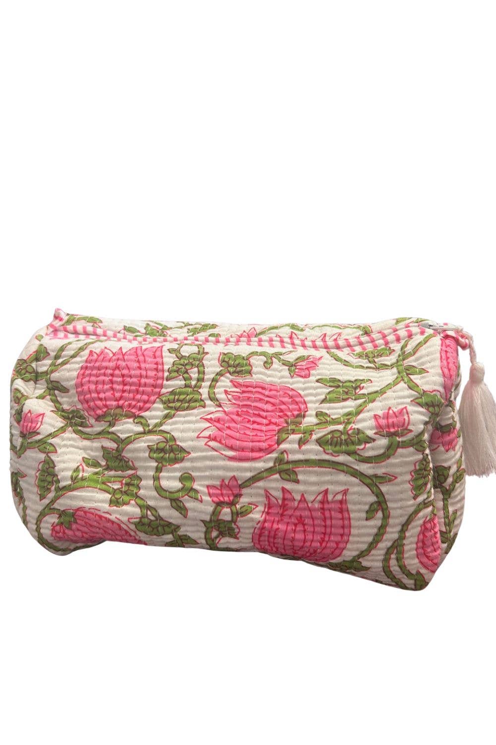 Pink Floral/Green Vine Quilted Makeup/Toiletry Bag