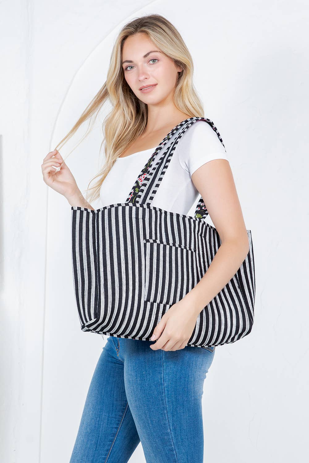 Black and Pink Floral Quilted Tote Bag