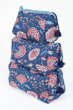 Blue Floral print Quilted Cotton Toiletry Bag Set