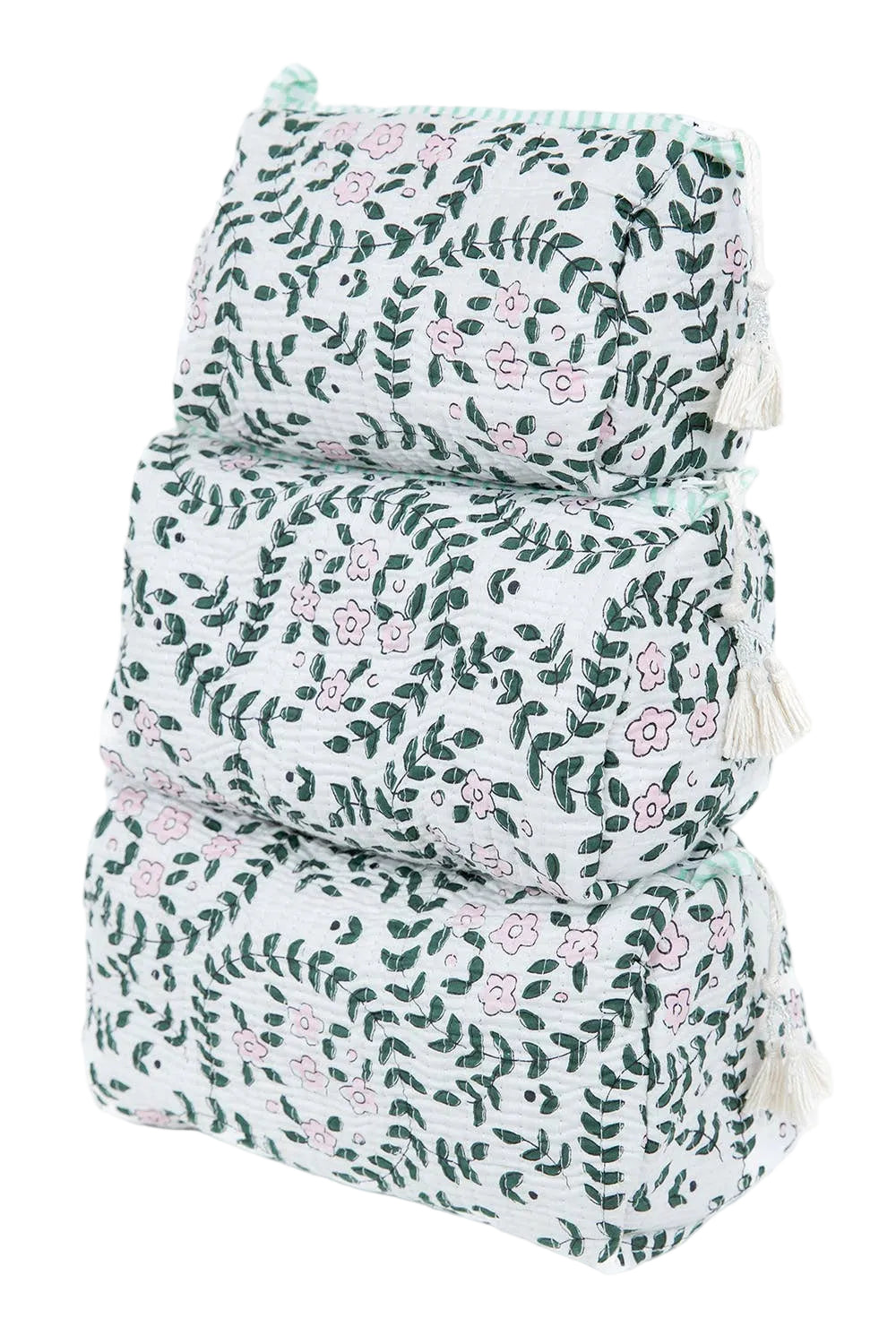 White Floral Print Quilted Cotton Toiletry Bag Set