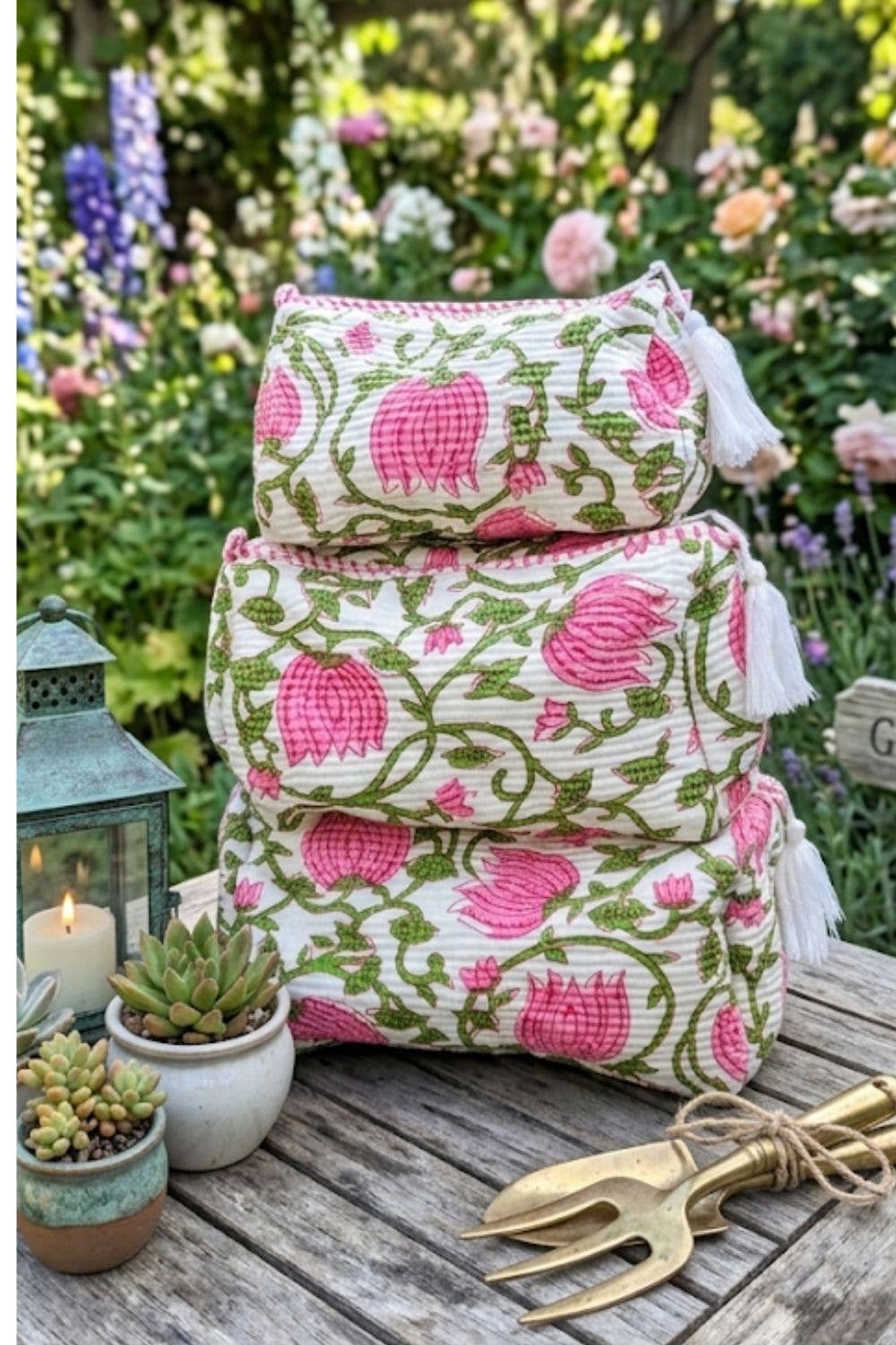 Pink Floral/Green Vine Quilted Makeup/Toiletry Bag