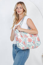 White & Red Floral/Blue Stripe Reversible Quilted Tote Bag