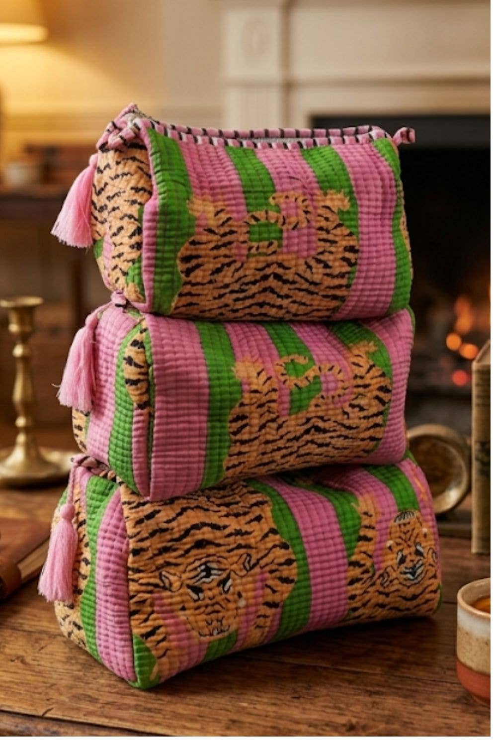 Pink Stripe with Tiger Print Quilted Makeup/Toiletry Bag
