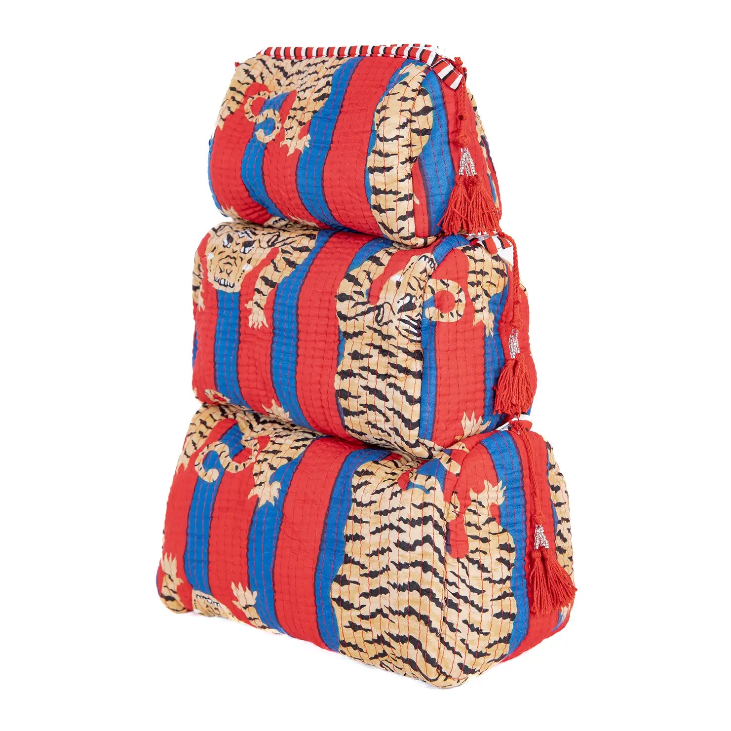 Quilted 3 Pack Toiletry Bag Set- Red Tiger