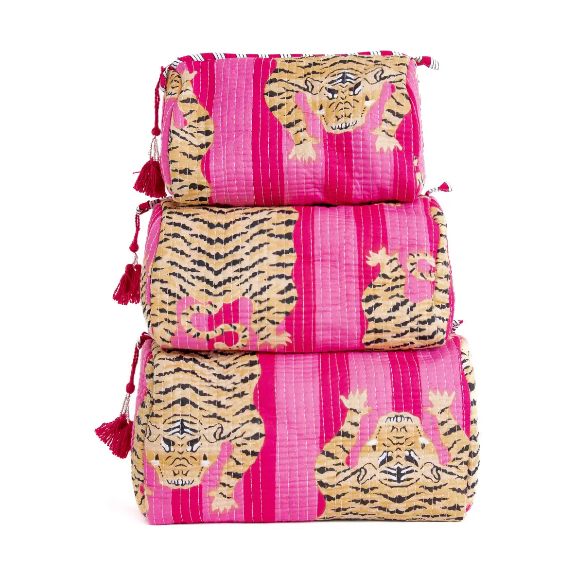 Quilted 3 Pack Toiletry Bag Set - Pink Tiger
