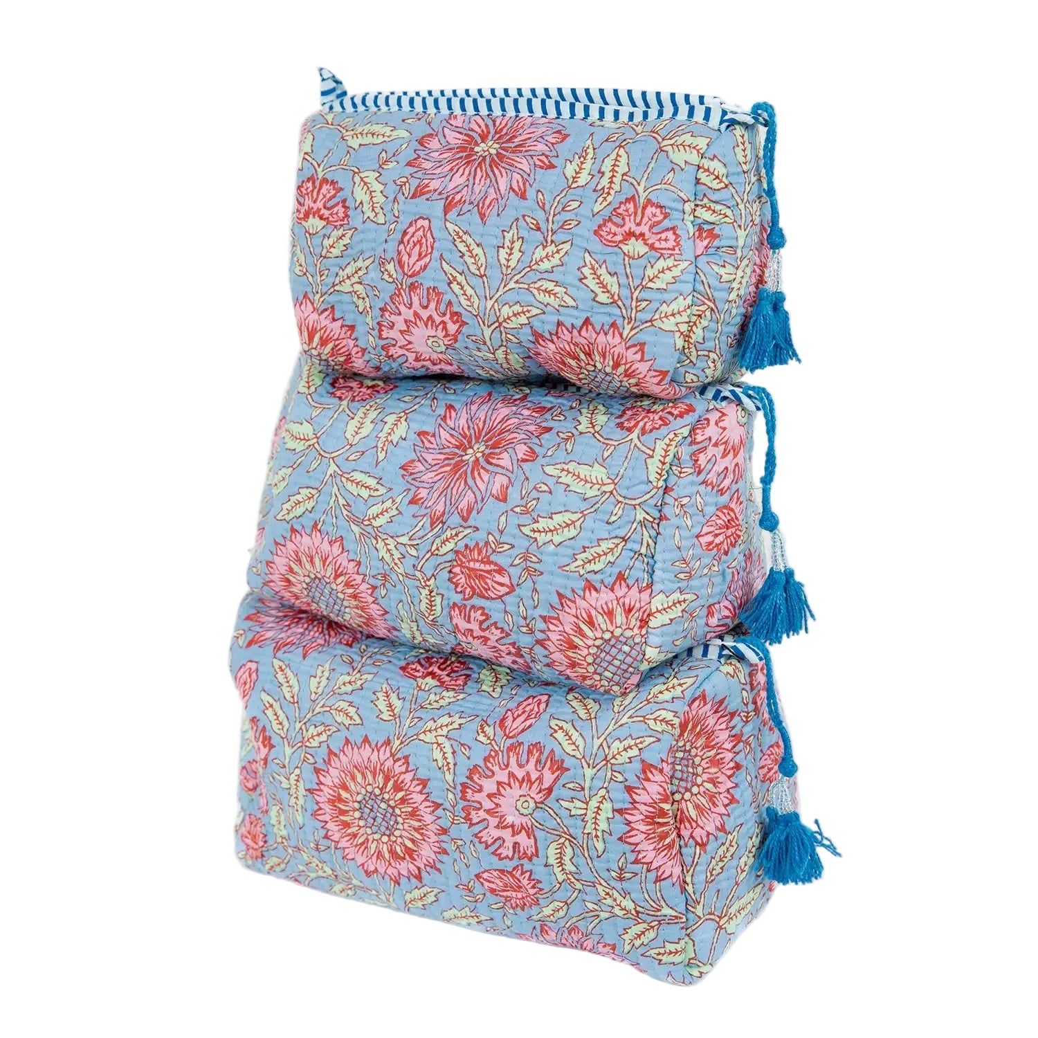 Quilted 3 Pack Toiletry Bag Set-Blue Floral