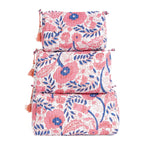 White/Blue/Pink Floral Quilted 3 Pack Toiletry Bag Set