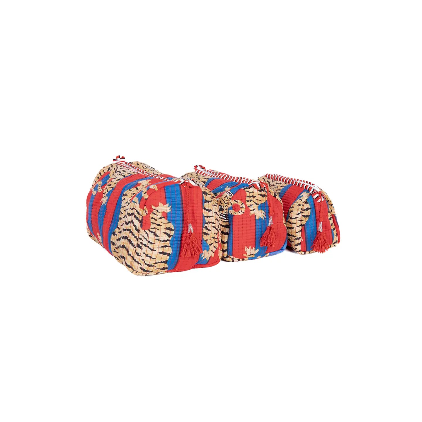 Quilted 3 Pack Toiletry Bag Set- Red Tiger